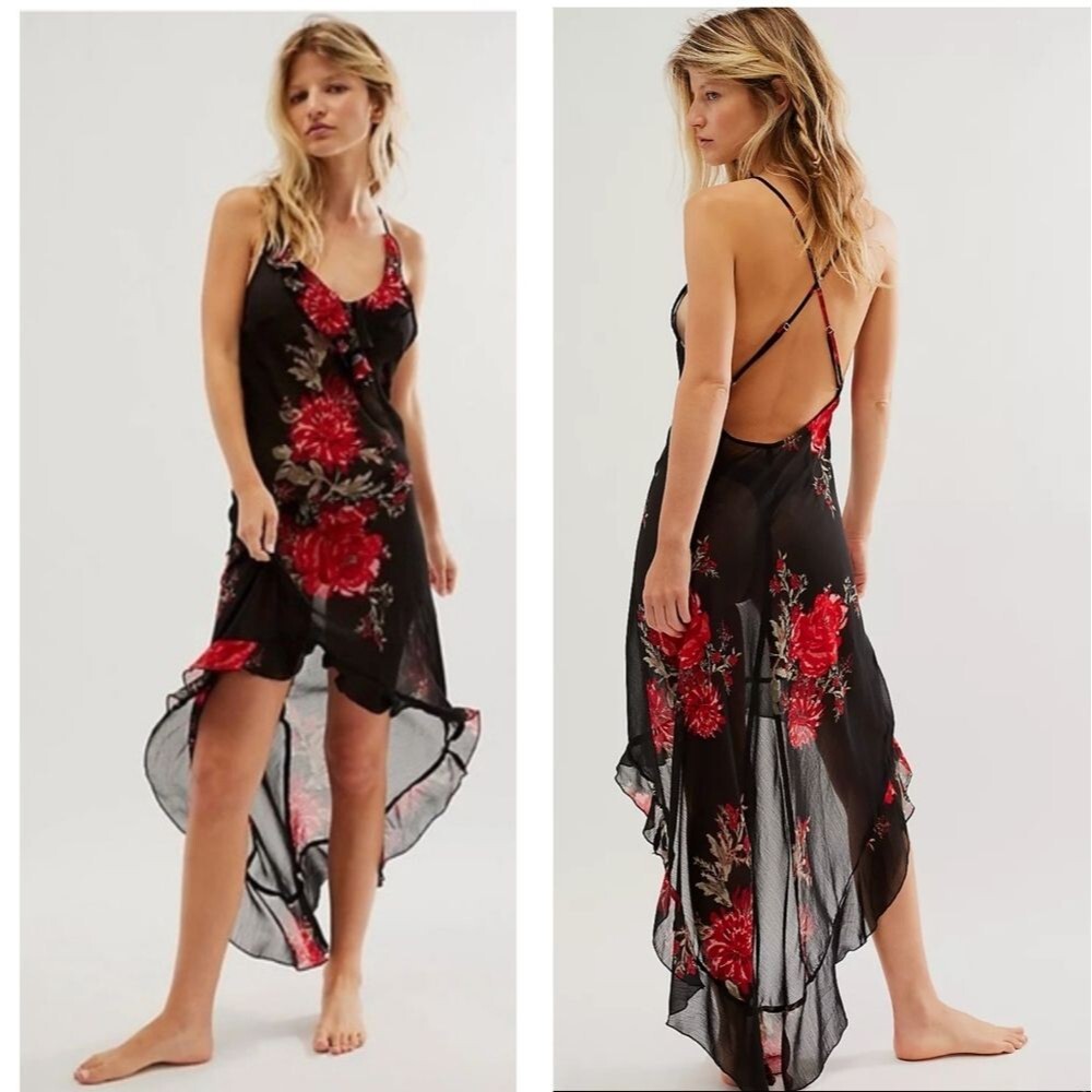 NWOT|Free People Getting Out Black Floral Sheer High-Low Slip Dress, SMALL